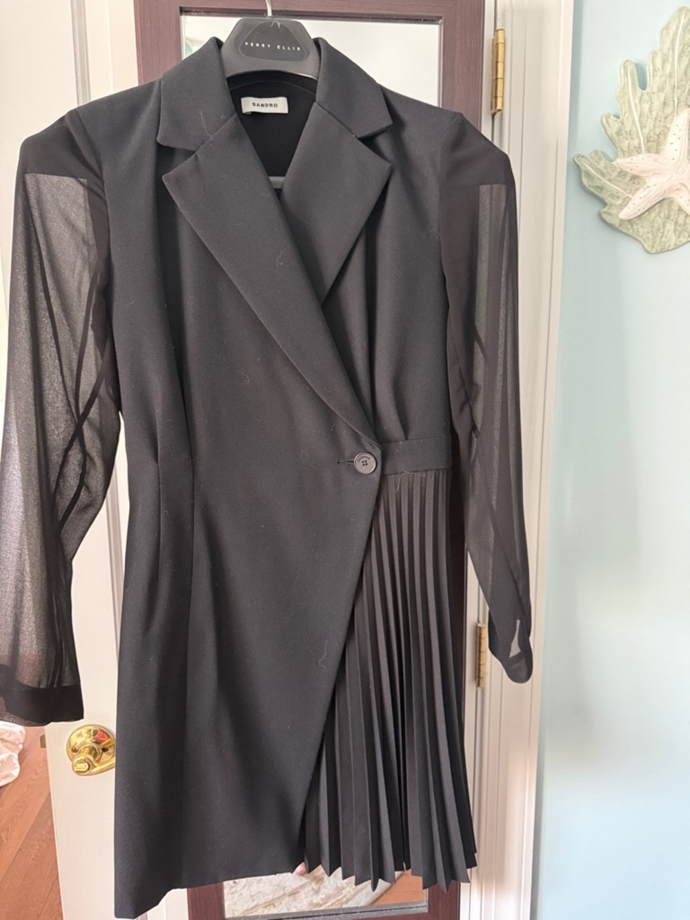 Sandro Black Asymmetrical Pleated Blazer Dress with Sheer Sleeves